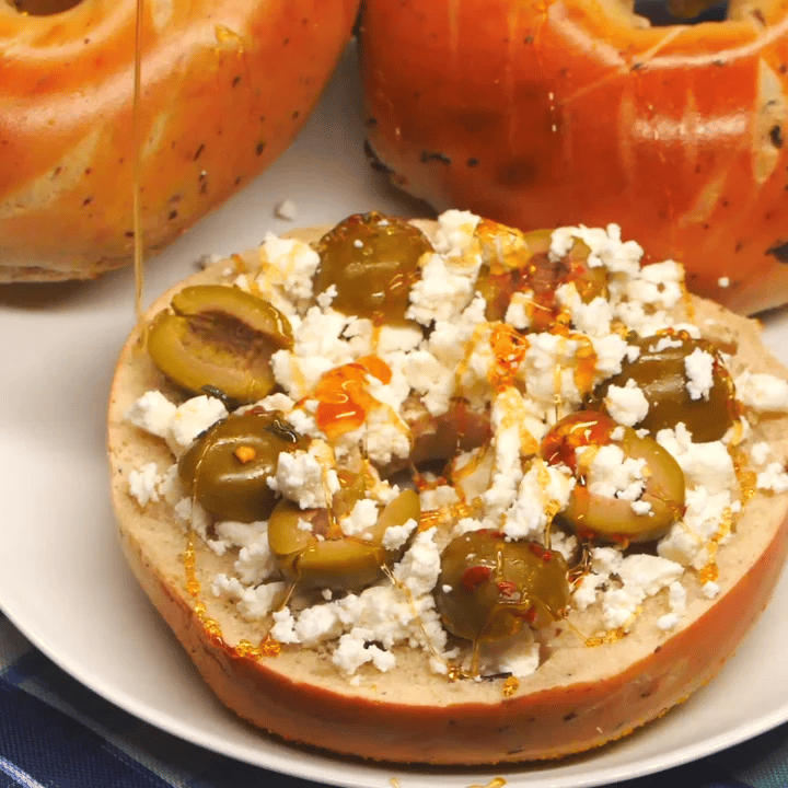 kalamata olive bagel- with olives and feta cheese