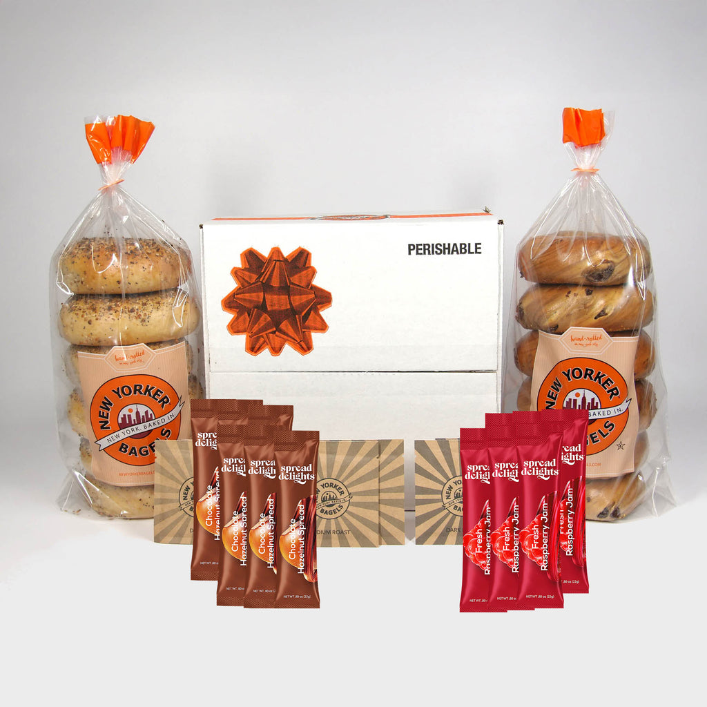 bagel gift with coffee and bagel spreads