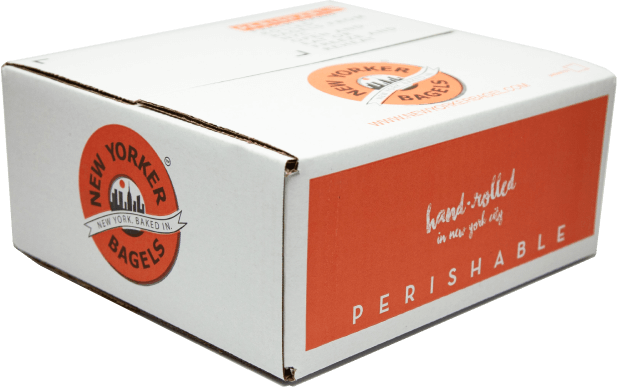 New York Bagel's box with logo on the sides and perishable note in the front